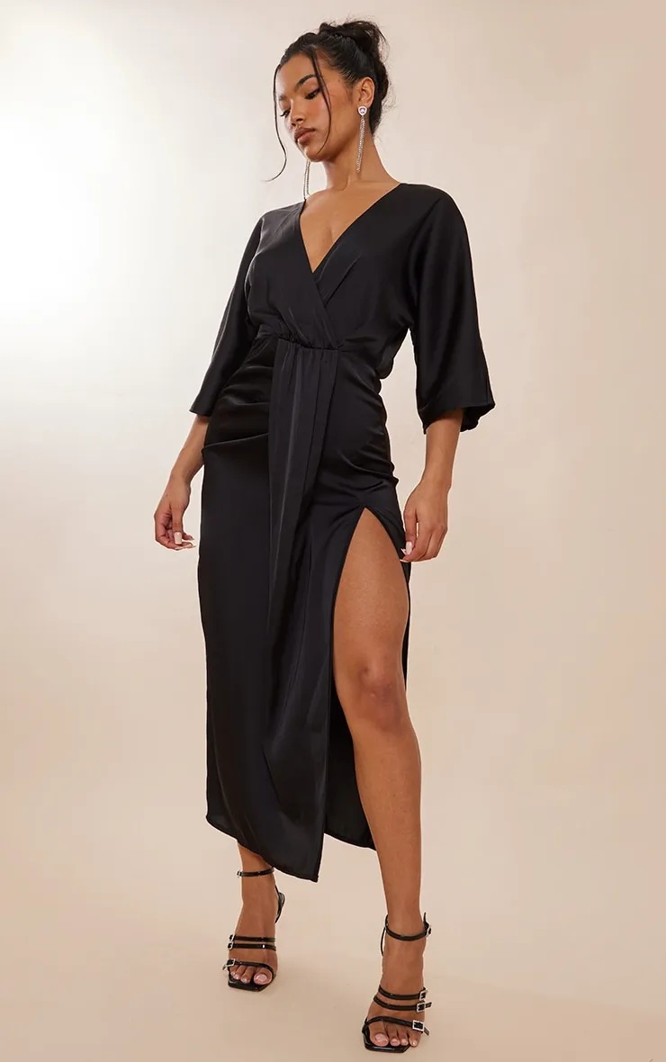 Black Satin Batwing Plunge Split Midaxi Dress sold by Pretty Little Thing