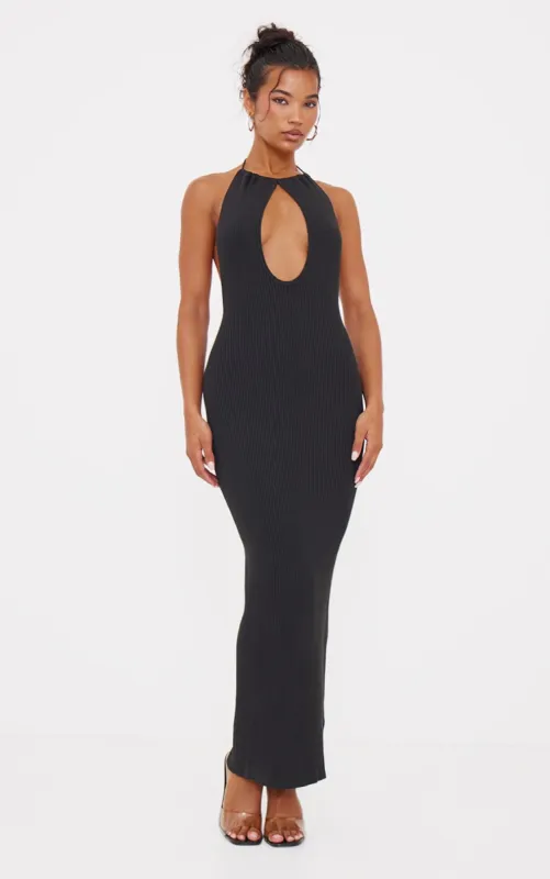 Black Fine Knit Halterneck Maxi Dress sold by Pretty Little Thing