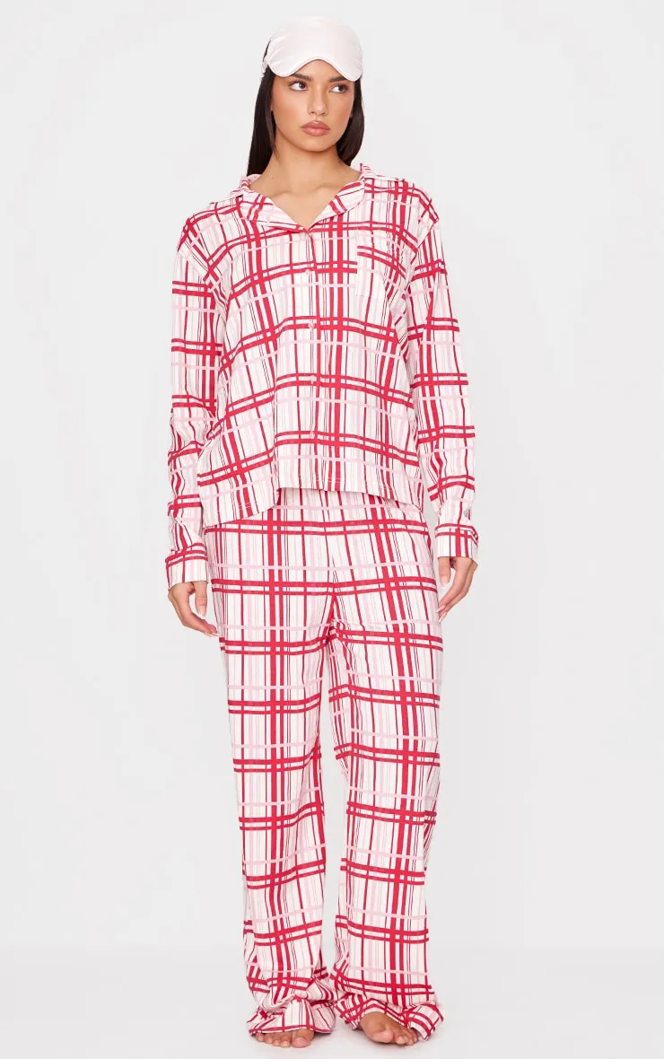Cream Check Print Jersey Long Pj Set sold by Pretty Little Thing
