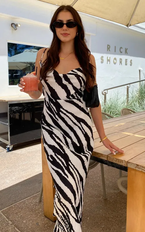 Tall Zebra Print Plisse Strappy Maxi Dress sold by Pretty Little Thing