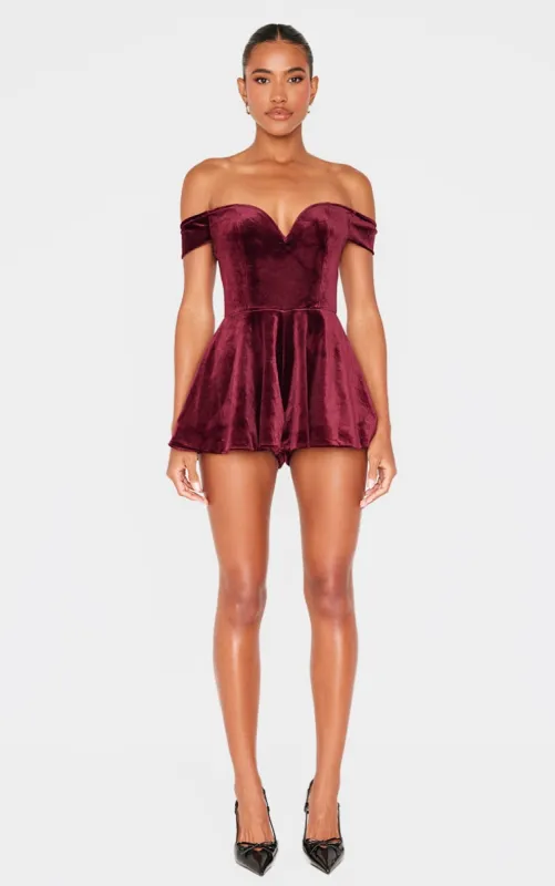 Burgundy Velvet Bardot Sweetheart Neckline Floaty Playsuit sold by Pretty Little Thing