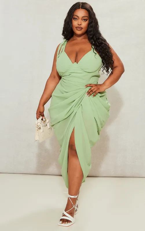 Plus Sage Green Underwire Detail Draped Midi Dress sold by Pretty Little Thing