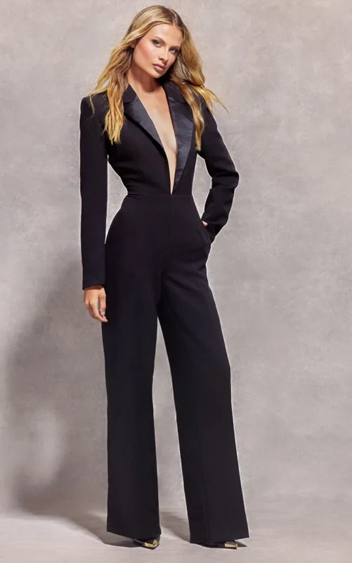 Black Tailored Satin Lapel Straight Leg Jumpsuit sold by Pretty Little Thing