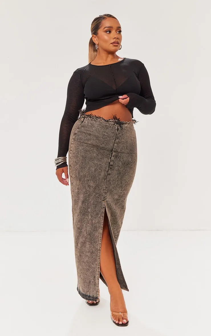 Shape Brown Denim Raw Edge Maxi Skirt sold by Pretty Little Thing
