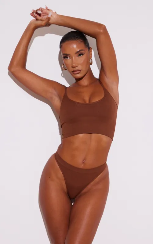 Chocolate Rib Seamless Longline Bra sold by Pretty Little Thing