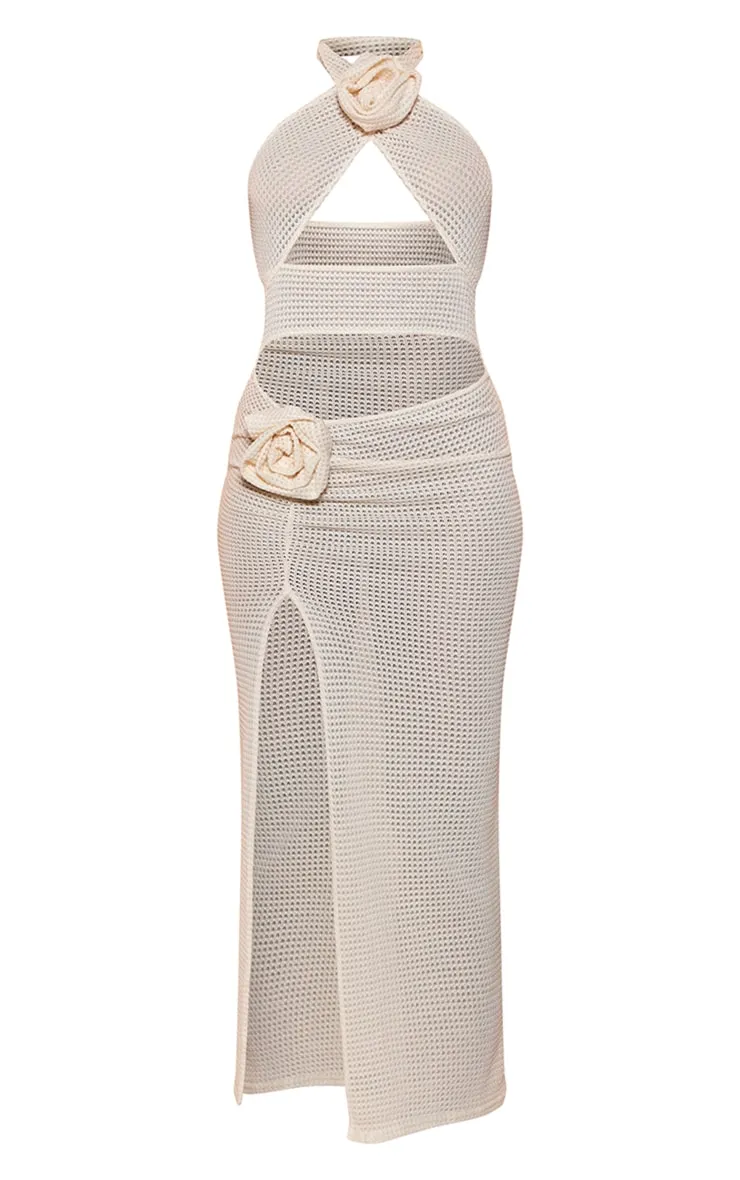 Cream Rose Detail Halterneck Knit Midi Dress sold by Pretty Little Thing product image thumbnail 5