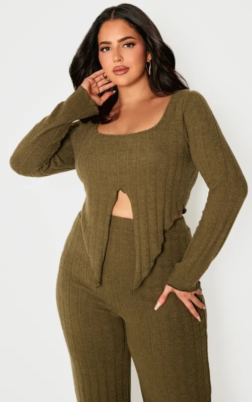 Plus Khaki Soft Touch Ribbed Long Sleeve Top sold by Pretty Little Thing