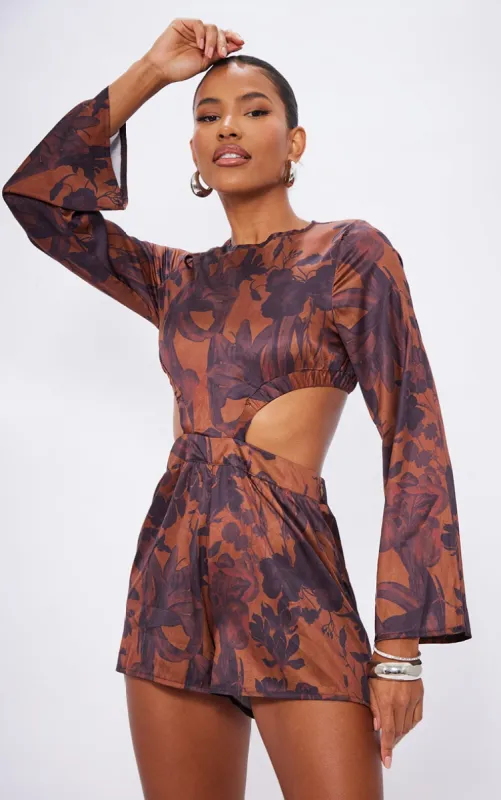 Brown Abstract Printed Flared Sleeve Cut Out Playsuit sold by Pretty Little Thing