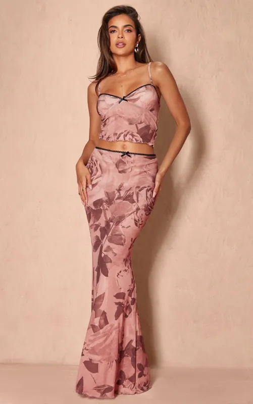 Light Brown Floral Print Onion Skin Lettuce Hem Low Rise Maxi Skirt sold by Pretty Little Thing