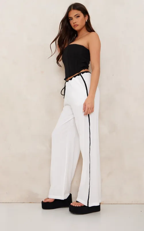 White Linen Look Contrast Stripe Drawstring Waist Trousers sold by Pretty Little Thing