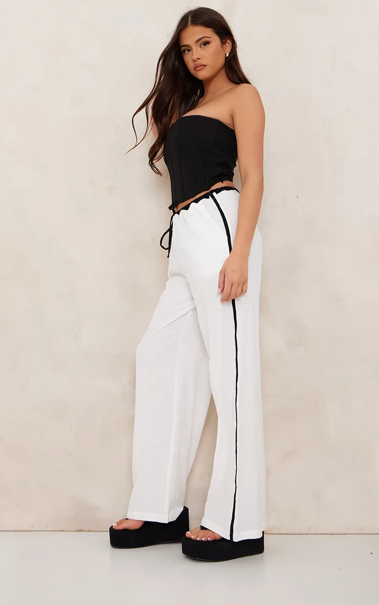 White Linen Look Contrast Stripe Drawstring Waist Trousers sold by Pretty Little Thing