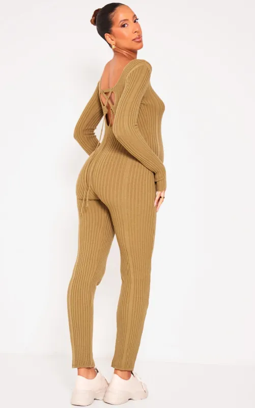 Maternity Olive Back Lace Up Detail Jumpsuit sold by Pretty Little Thing