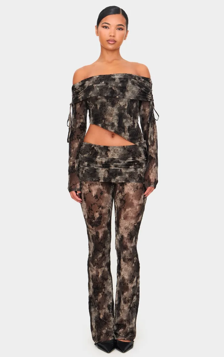 Charcoal Devore Mesh Foldover Slim Flare Trousers sold by Pretty Little Thing