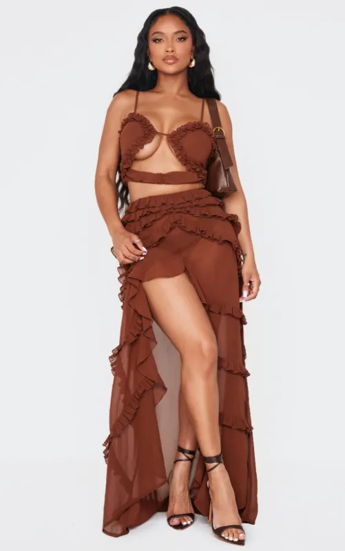 Shape Chocolate Low Rise Frill Detail Front Split Maxi Skirt sold by Pretty Little Thing