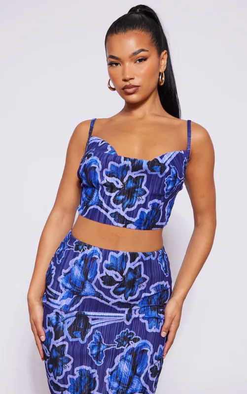Blue Print Plisse Strappy Cowl Neck Top made by Pretty Little Thing