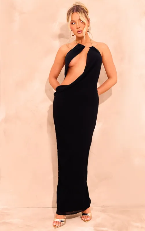 Black Chiffon Cut Out Halterneck Maxi Dress sold by Pretty Little Thing