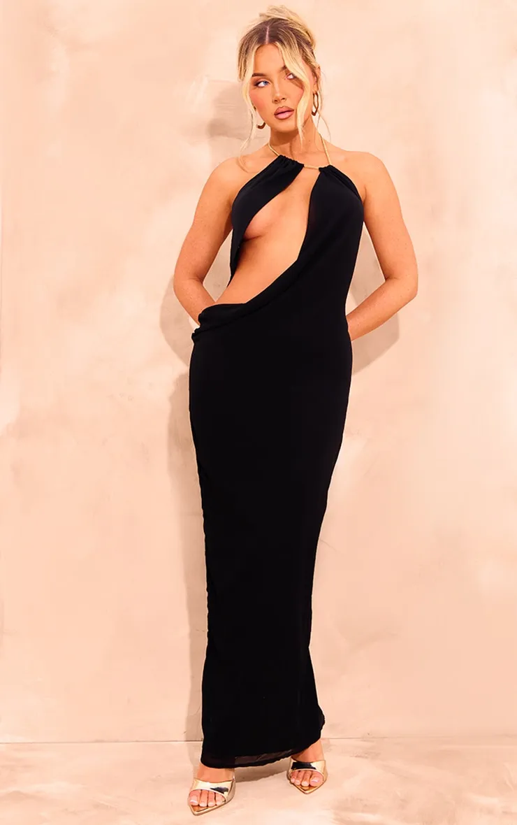Black Chiffon Cut Out Halterneck Maxi Dress sold by Pretty Little Thing