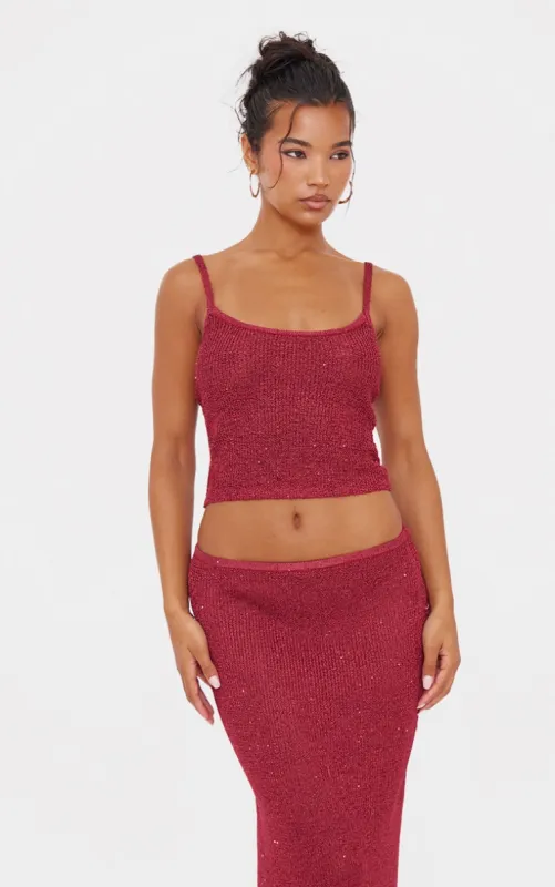 Wine Sequin Knit Cami Top sold by Pretty Little Thing