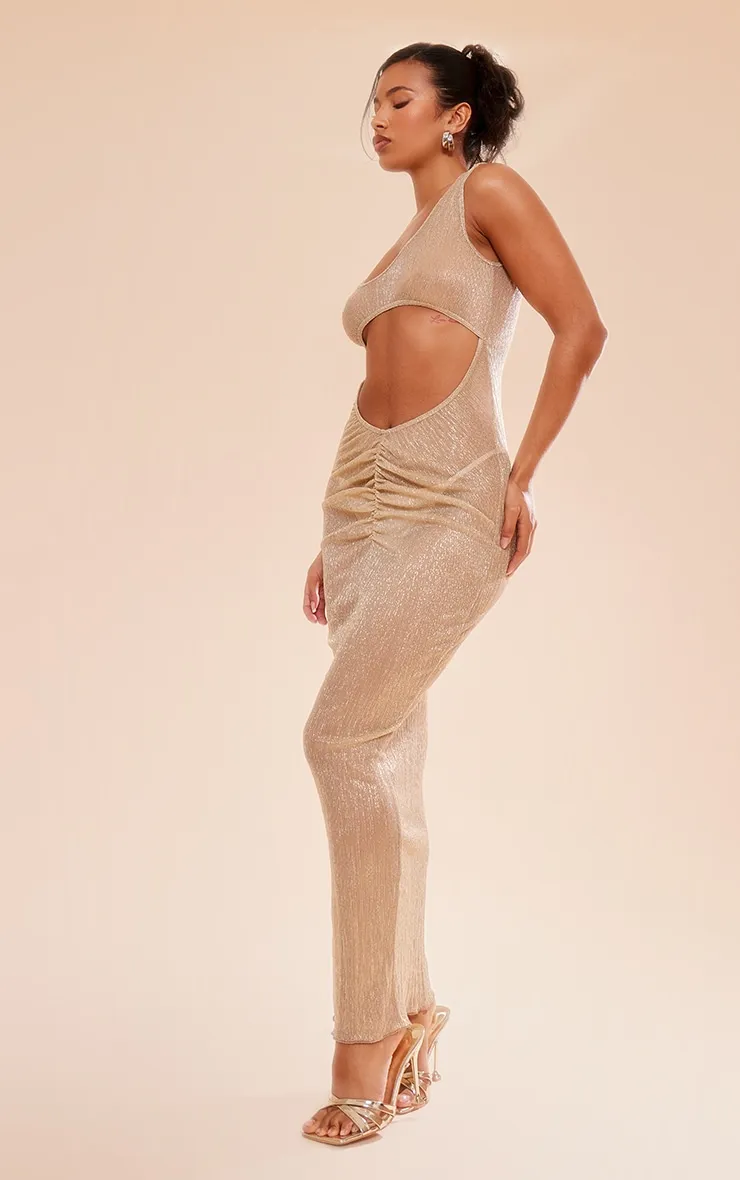 Gold Glitter Plisse Sheer Cut Out Split Leg Maxi Dress sold by Pretty Little Thing product image thumbnail 3