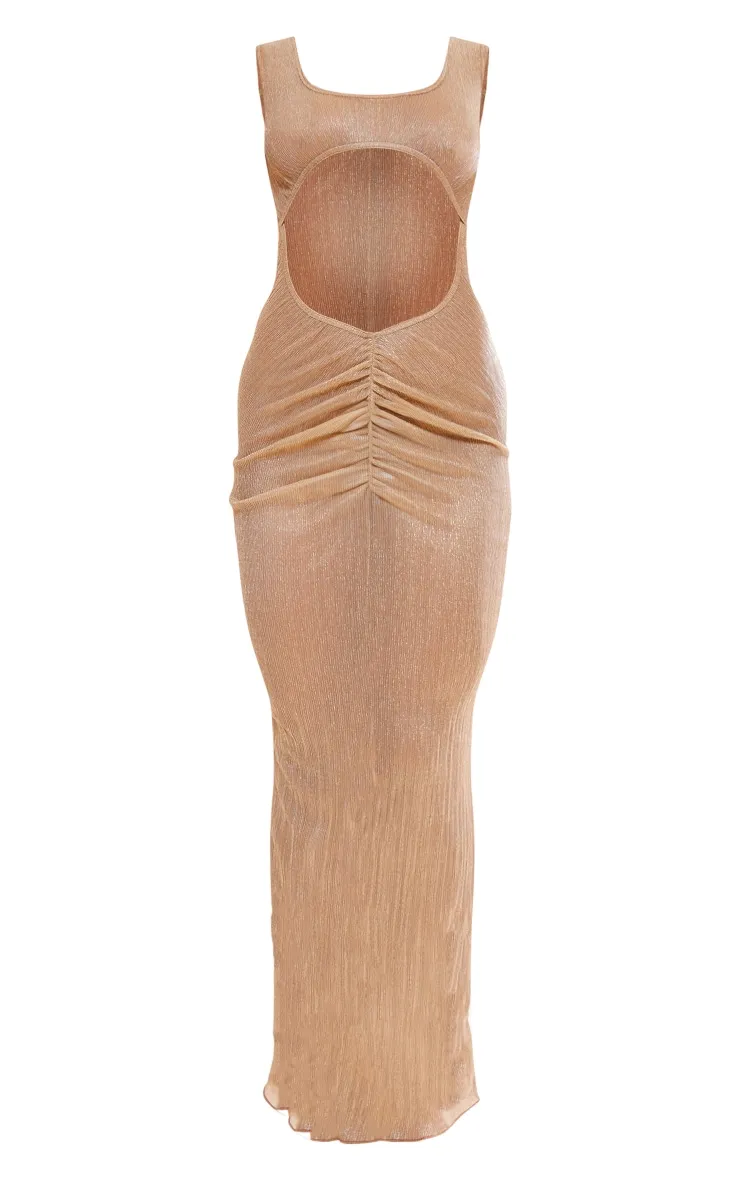 Gold Glitter Plisse Sheer Cut Out Split Leg Maxi Dress sold by Pretty Little Thing product image thumbnail 5