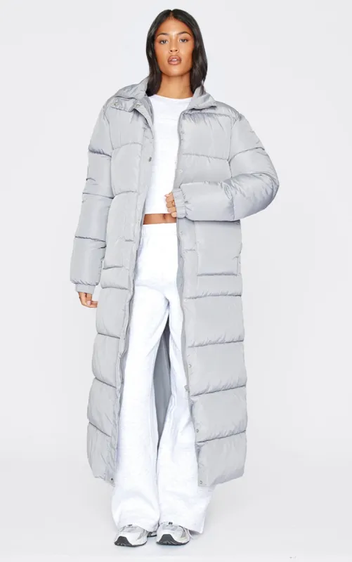 Tall Grey Maxi Contrast Hooded Puffer Coat sold by Pretty Little Thing