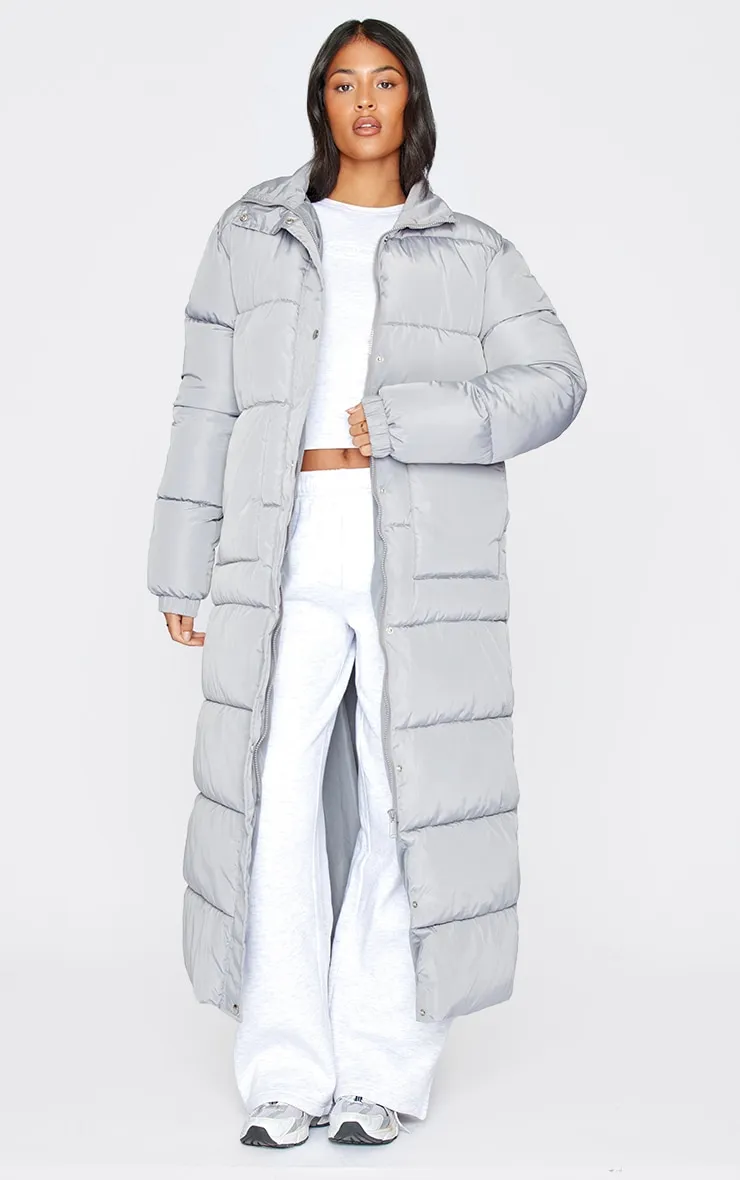 Tall Grey Maxi Contrast Hooded Puffer Coat sold by Pretty Little Thing