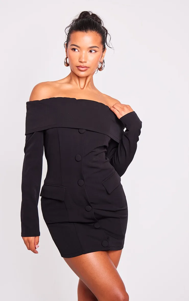 Black Off Shoulder Button Front Shift Blazer Dress sold by Pretty Little Thing