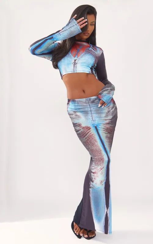 Blue Body Print Slinky Low Rise Midaxi Skirt sold by Pretty Little Thing