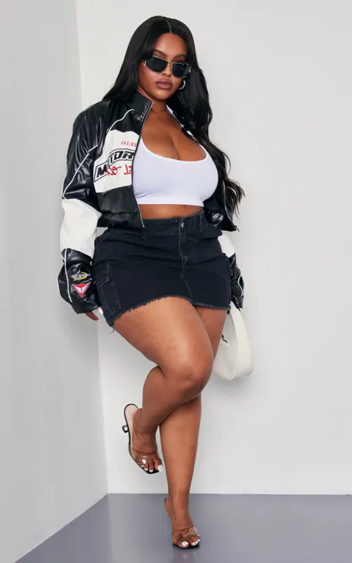 Plus Black Motorsport PU Cropped Biker Jacket sold by Pretty Little Thing