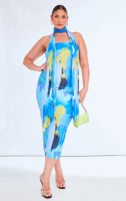 Plus Blue Abstract Choker Plisse Midi Dress sold by Pretty Little Thing