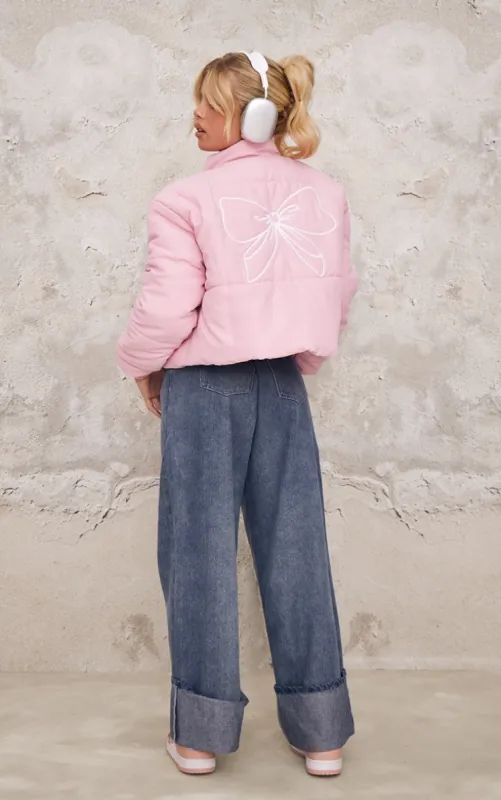 Pink Back Bow Detail Cropped Puffer Jacket sold by Pretty Little Thing