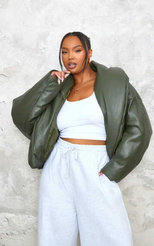 Plus Dark Khaki Exaggerated Collar PU Cropped Puffer Coat sold by Pretty Little Thing