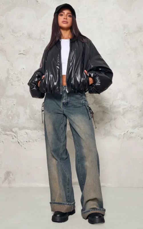 Petite Black Oversized Bomber Puffer Jacket sold by Pretty Little Thing