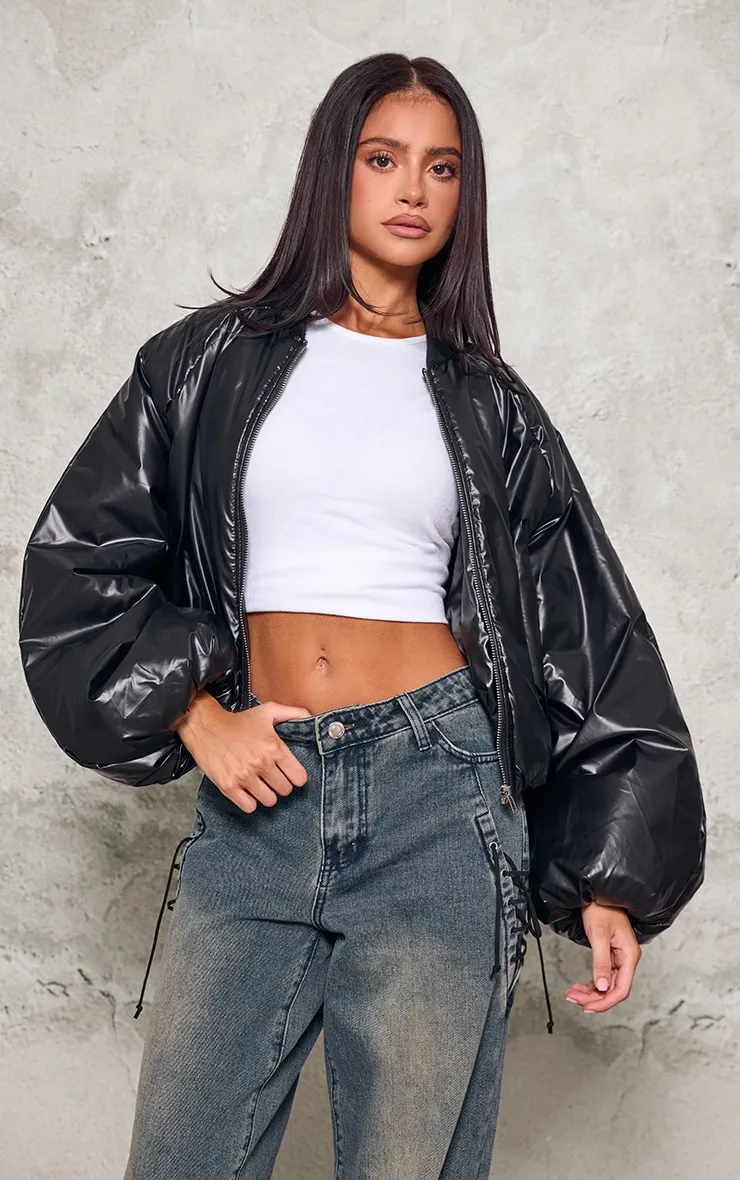 Petite Black Oversized Bomber Puffer Jacket sold by Pretty Little Thing product image thumbnail 3