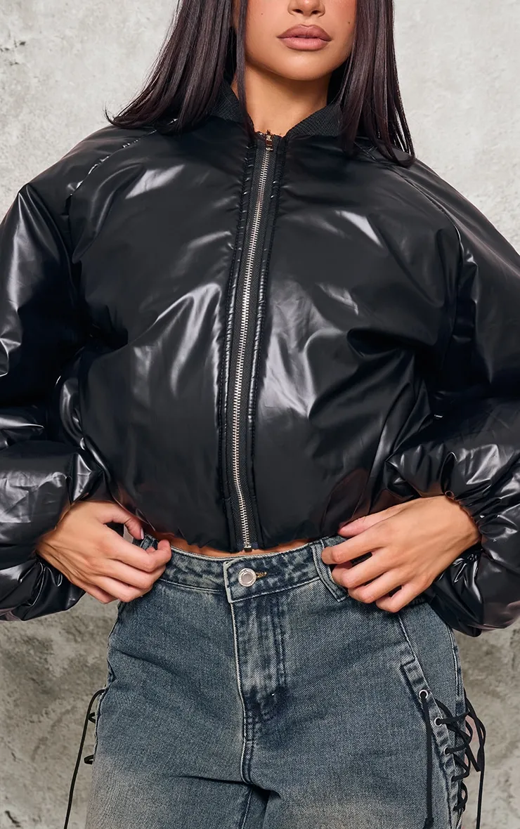 Petite Black Oversized Bomber Puffer Jacket sold by Pretty Little Thing product image thumbnail 4