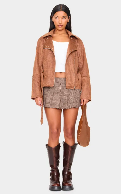  Brown Distressed Faux Leather Belted Biker Jacket sold by Pretty Little Thing