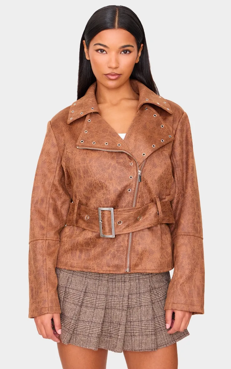 Brown Distressed Faux Leather Belted Biker Jacket sold by Pretty Little Thing product image thumbnail 3