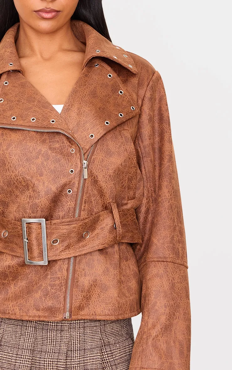 Brown Distressed Faux Leather Belted Biker Jacket sold by Pretty Little Thing product image thumbnail 4