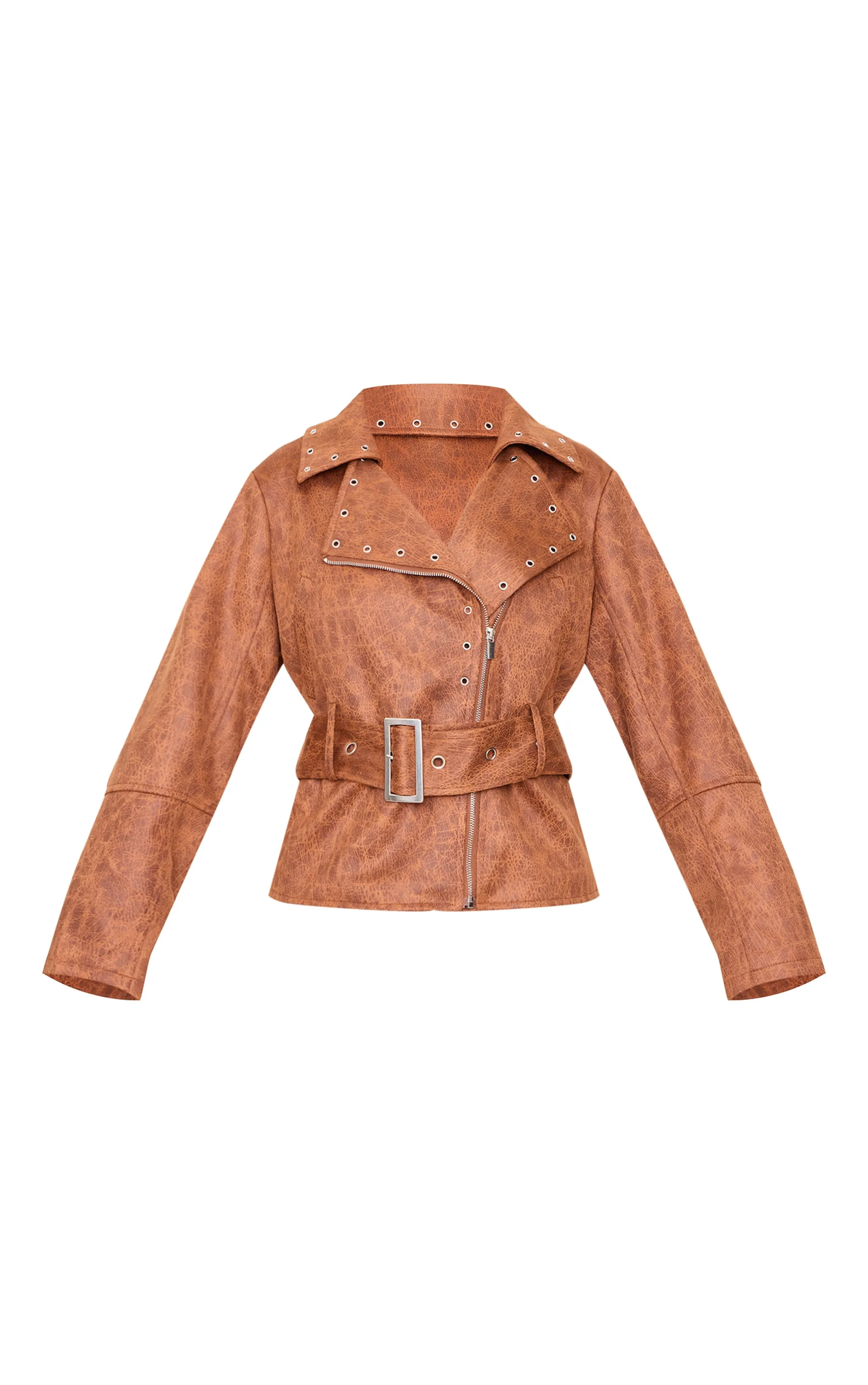Brown Distressed Faux Leather Belted Biker Jacket sold by Pretty Little Thing product image thumbnail 5