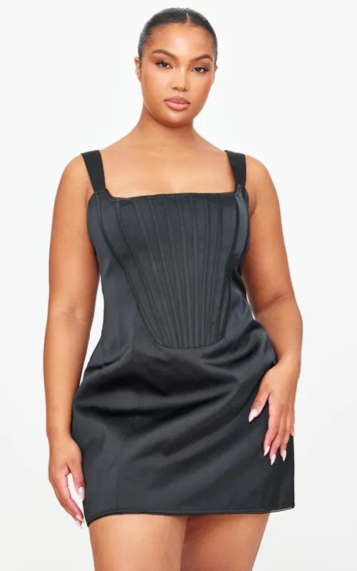 Plus Premium Black Woven Lace Back Corset Bodycon Dress made by Pretty Little Thing
