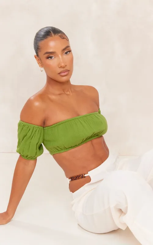 Olive Cotton Shirred Puff Sleeve Crop Top sold by Pretty Little Thing