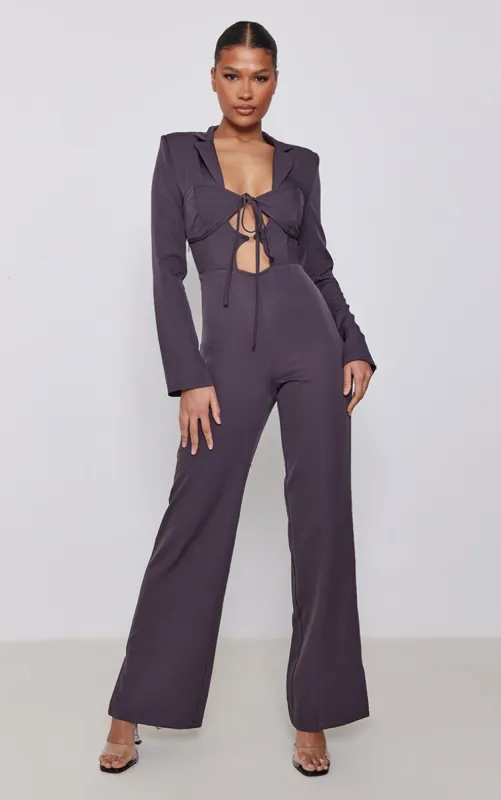Charcoal Woven Bust Tie Detail Split Hem Blazer Style Jumpsuit sold by Pretty Little Thing