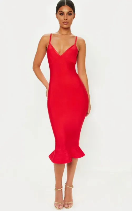 Red Bandage Strappy Frill Hem Midi Dress sold by Pretty Little Thing