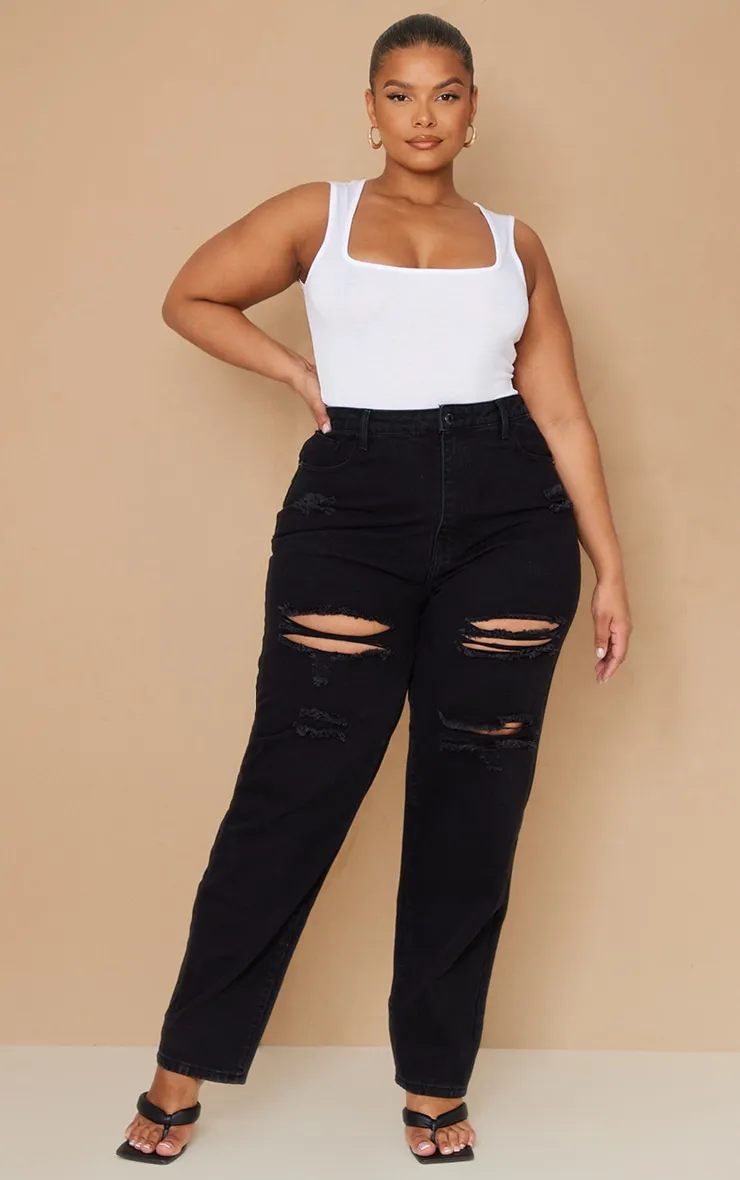 PRETTYLITTLETHING Plus Washed Black Ripped Mom Jeans sold by Pretty Little Thing