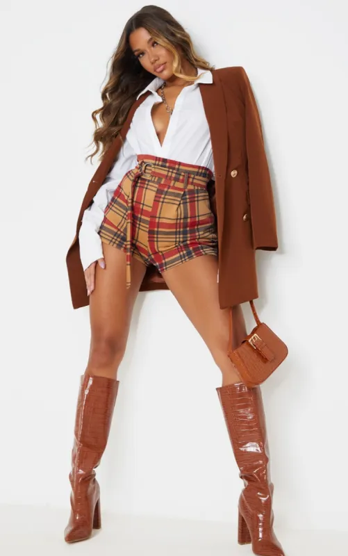 Camel Check O Ring Belted Short sold by Pretty Little Thing