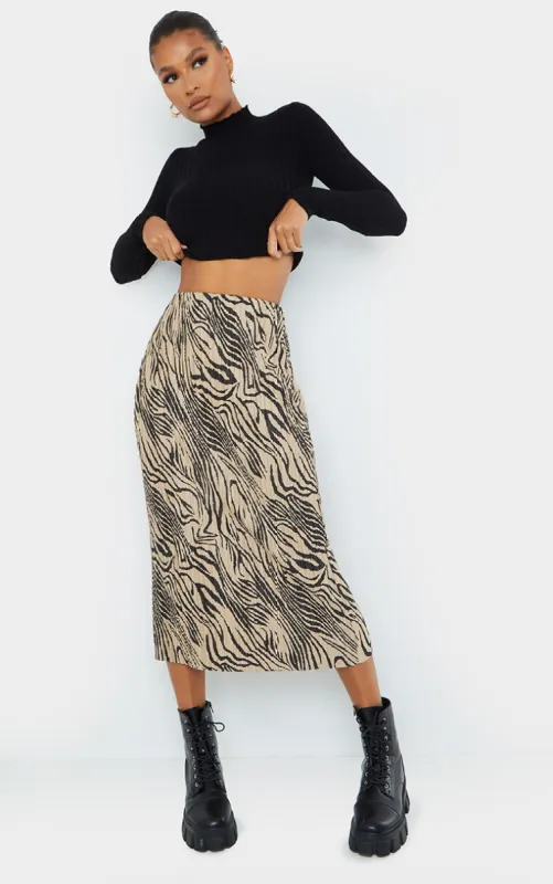 Brown Zebra Print Plisse Printed Midi Skirt sold by Pretty Little Thing