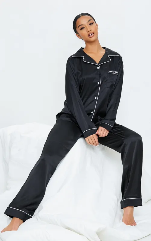 PRETTYLITTLETHING Petite Black Contrast Piping Satin Long PJ Set sold by Pretty Little Thing