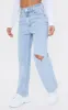 Light Blue Wash Knee Rip Wide Leg Jeans sold by Pretty Little Thing