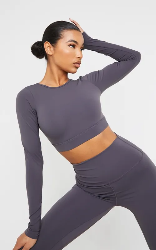 Dark Grey Sculpt Luxe Long Sleeve Sports Top sold by Pretty Little Thing