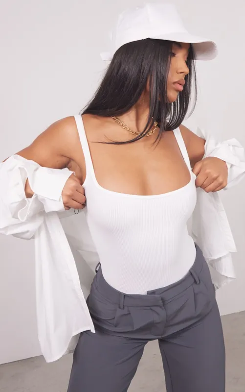 White Contour Rib Square Neck Sleeveless Bodysuit sold by Pretty Little Thing